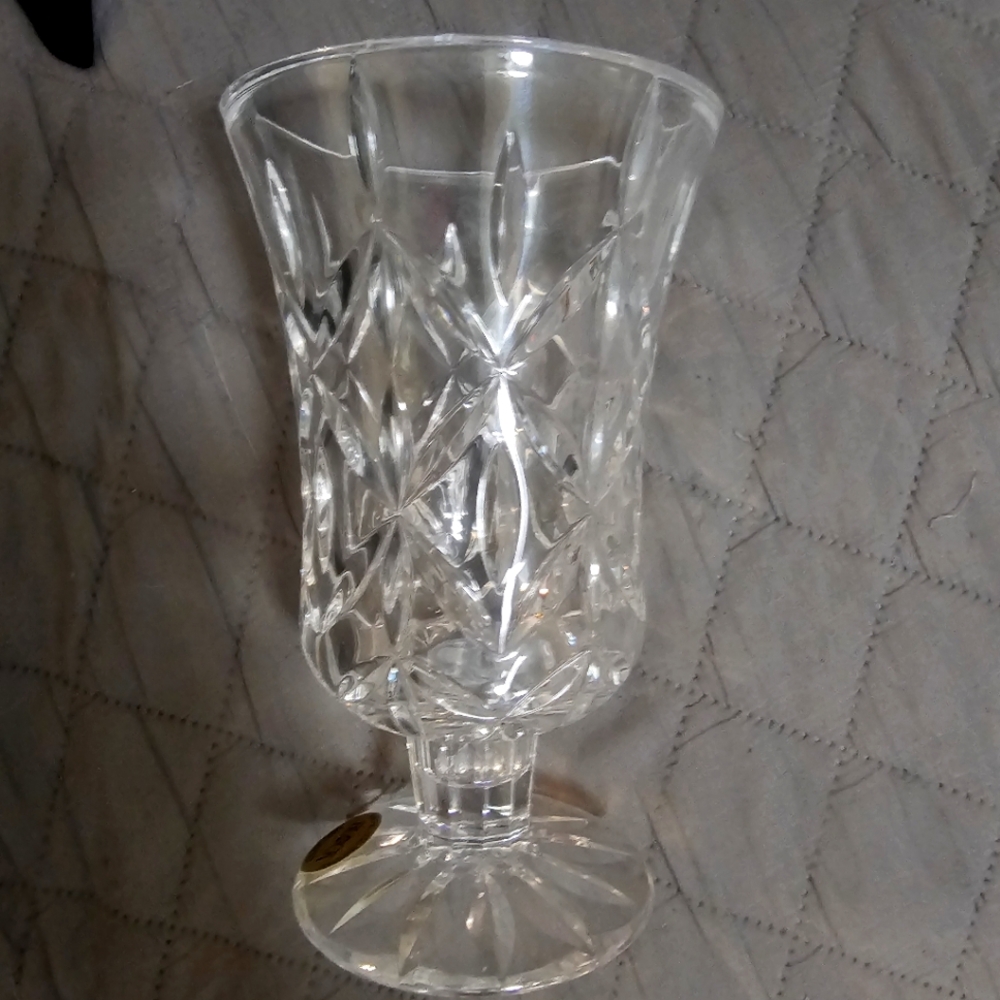 Block Crystal 7" Hurricane Pilar Candle Candlestick Vase 24% Full Lead Crystal